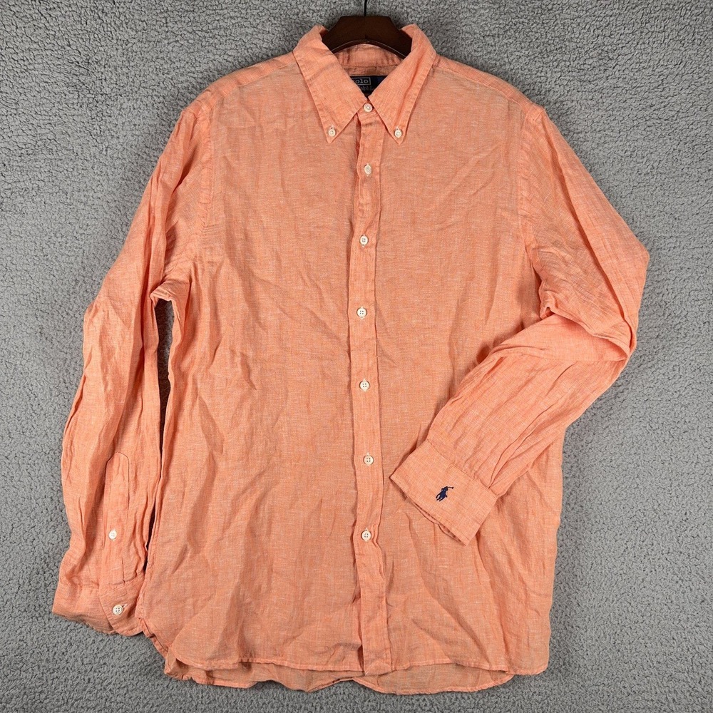 Polo Ralph Lauren Mens L Orange 100% Linen Button Down Shirt Custom Fit Summer